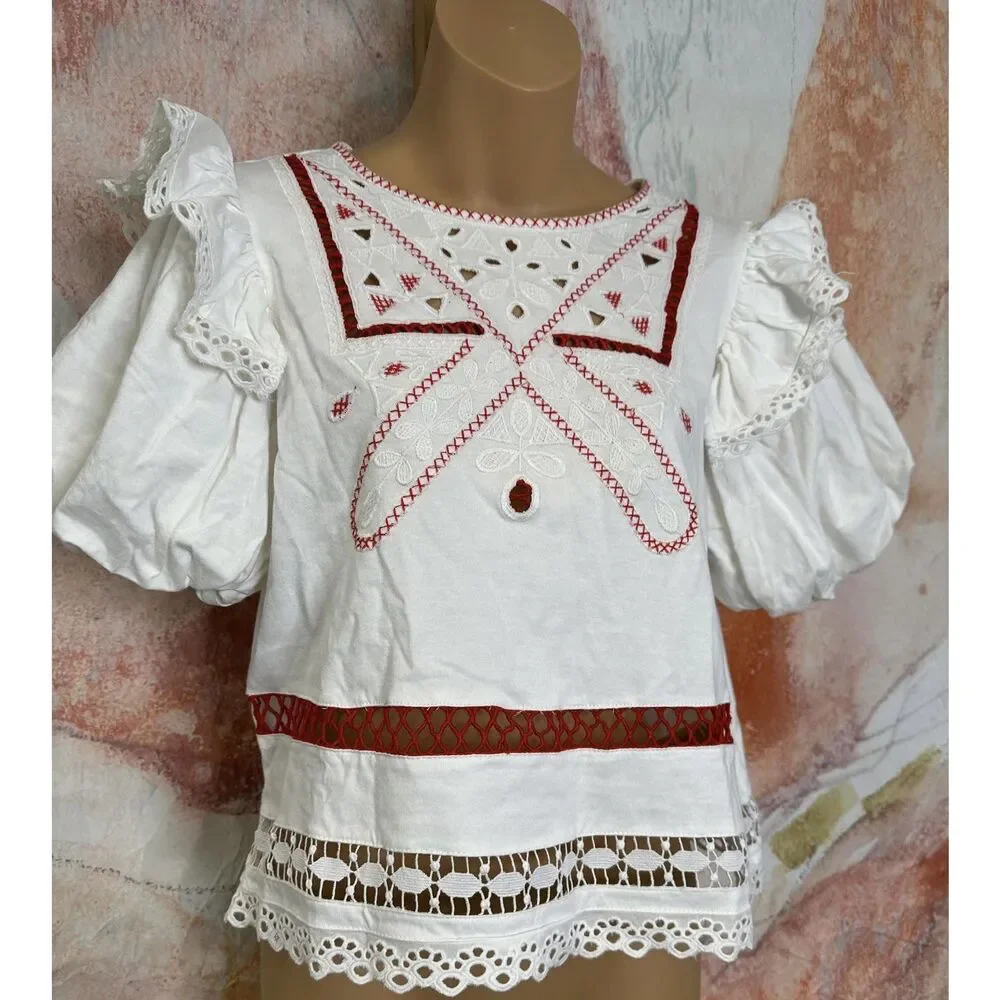 Anthropologie Puff-Sleeve Cutwork Top